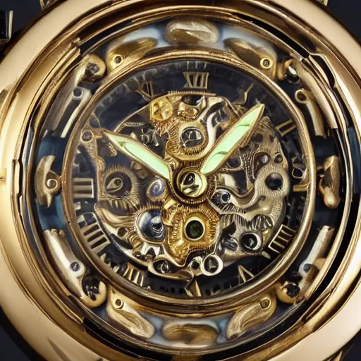 Prompt: ornate watch that has figures of anthropomorphic animals in the mechanism