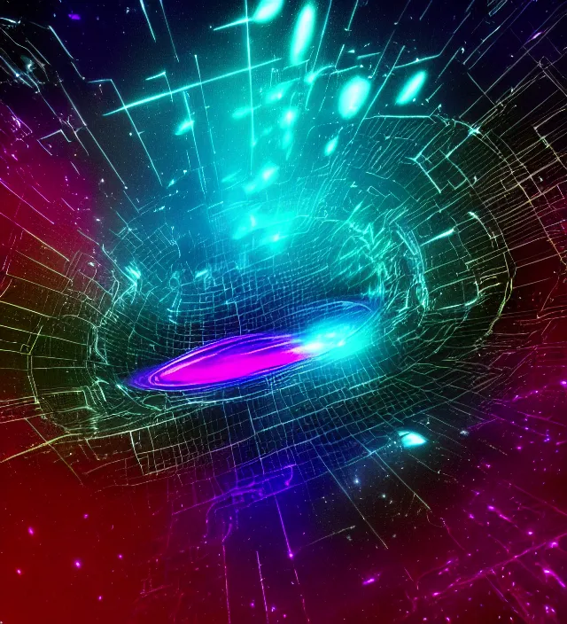 Image similar to an iridescent wormhole wireframe absorbing a galaxy, dark synthwave, aesthetic mood, vintage, sci - fi, 4 k