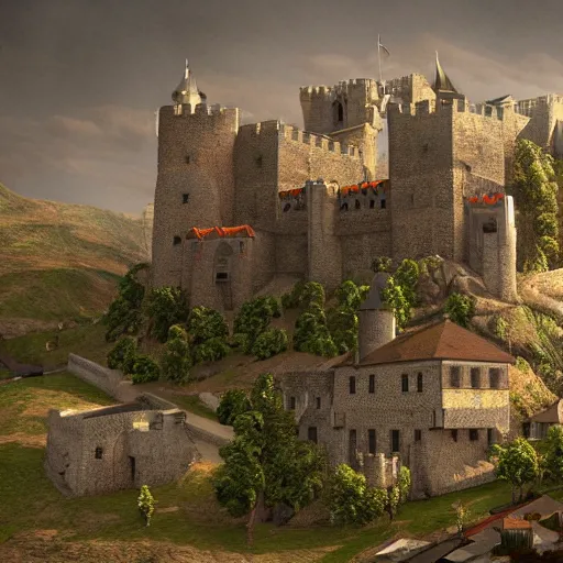 Prompt: A medieval castle on hills with a city below it, digital art, realistic, trending on artstation