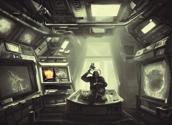 Image similar to a man sitting on a chair with things attached to his head, screens and monitors in front of him playing videos, ship interior, narrow hallway, scifi, dramatic lighting, dark, spotlight, concept art, surreal, by rutkowski, fuji choko