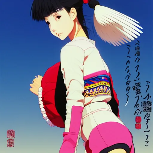 Image similar to a beautiful japanese natalie portman gravure model, wearing oversized native designer bomber jacket and leotard, bulky poofy bomber jacket with mesoamerican patterns, mesoamerican native street fashion, gapmoe yandere grimdark, trending on pixiv fanbox, painted by greg rutkowski makoto shinkai takashi takeuchi studio ghibli, akihiko yoshida