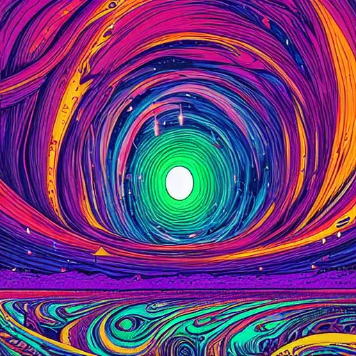 Prompt: moebius + dan mumford, psychedelic, colorful fluid mixing, milky way galaxy