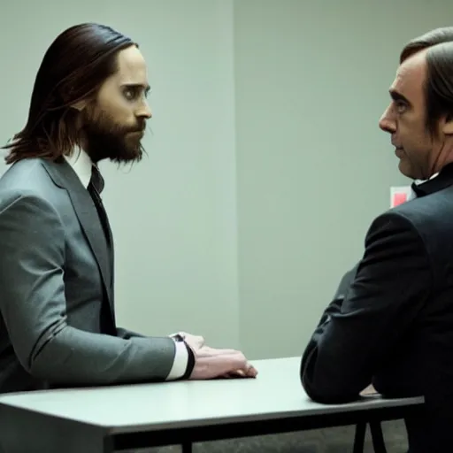 Image similar to jared leto talking to saul goodman in an interrogation room