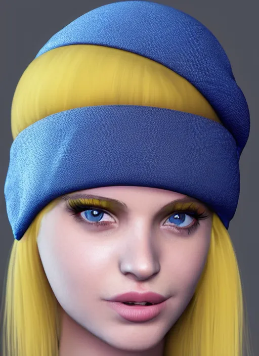 Prompt: young lady, very short yellow hair, nose ring, blue hat, beig brown eyes, nose ring, volumetric lighting, detailed
