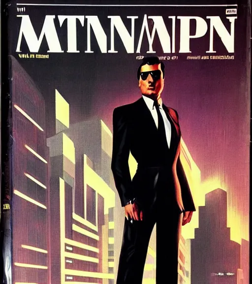 Prompt: a cyberpunk mafia boss in a suit with slicked back black hair played by marlon brando, 1 9 7 9 omni magazine cover, style by vincent di fate, artgerm, very coherent, detailed, 4 k resolution, dark, unreal engine, daz