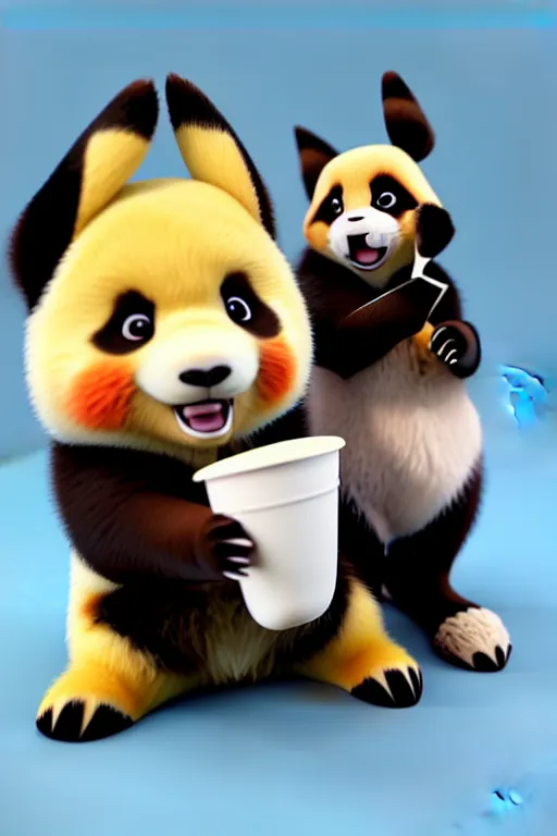Image similar to high quality 3 d render hyperrealist very cute happy panda & fox hybrid eating ice cream, vray smooth, in the style of detective pikachu, very dramatic light, low angle, uhd 8 k, shallow depth or field