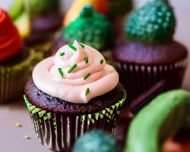 Prompt: dslr food photograph of a cupcake with a slice of pickle on top, 8 5 mm f 1. 4