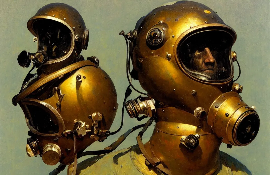 Image similar to portrait of deep sea diver helmet!!!!!!!!!!!!!!!!!!!!!!!!!!!, detailed face, detailed painting, epic lighting, by ilya repin, phil hale and kent williams