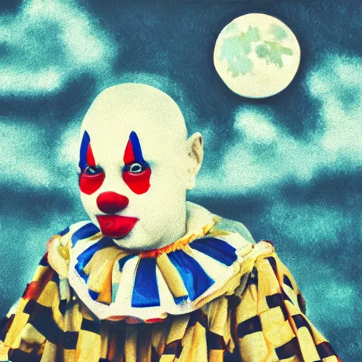 Image similar to clown, eating fish, moon, high res, sky diamonds, film grain