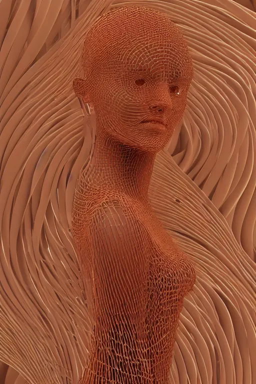 Image similar to generative art of a beautiful young woman made of 100000 thin copper wires. Made by janusz jurek inspired by januszjurek.info. houdini3d, blender. 8k 3d. Dynamic. Movement.