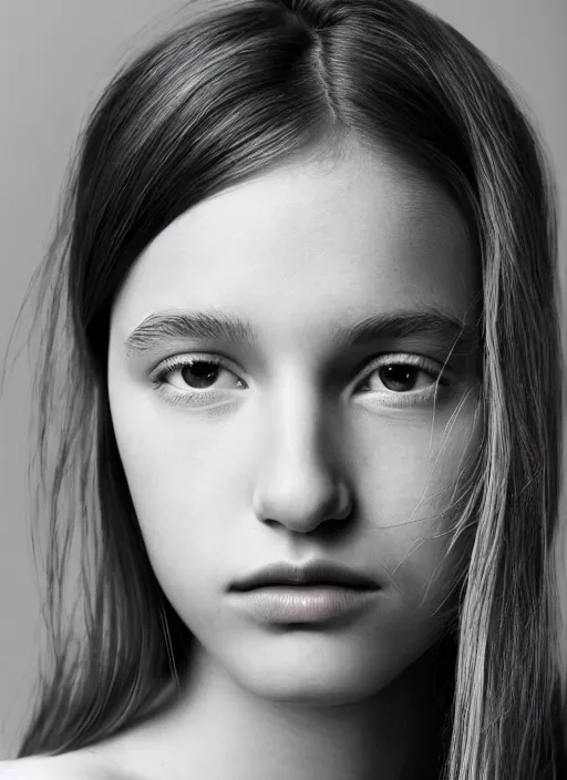 Prompt: close - up portrait of beautiful young girl, gray background, art by mario testino