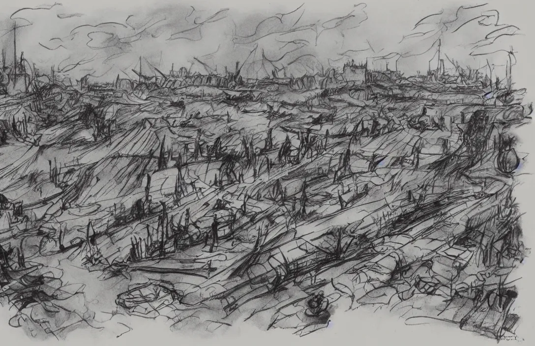 Image similar to milt kahl sketch of world war 1 trenches with the city of miami in the background