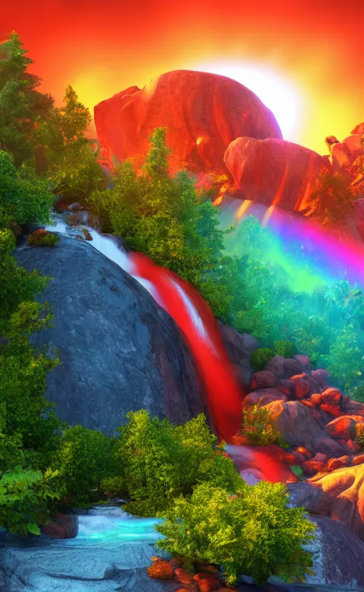 Prompt: looking up to a large rock mountain with a water fall flowing down from the top, the sun is behind it, neon colors, # 8 k, concept art, ultra detailed, photo, award winning