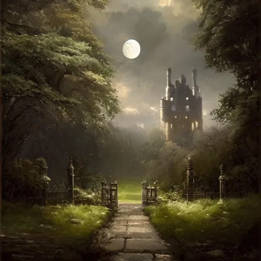 Image similar to a hidden gate in the trees, victorian setting, dramatic light, castle background, clouds, moon, storm, night, high detail, fantasy background, painted by greg rutkowski, digital art, trending on artstation