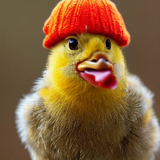 Prompt: Portrait of a yellow baby chick with red wooly hat, striking features, tack sharp, rainy weather, fine-art photography, 180mm f/1.8, by Steve McCurry