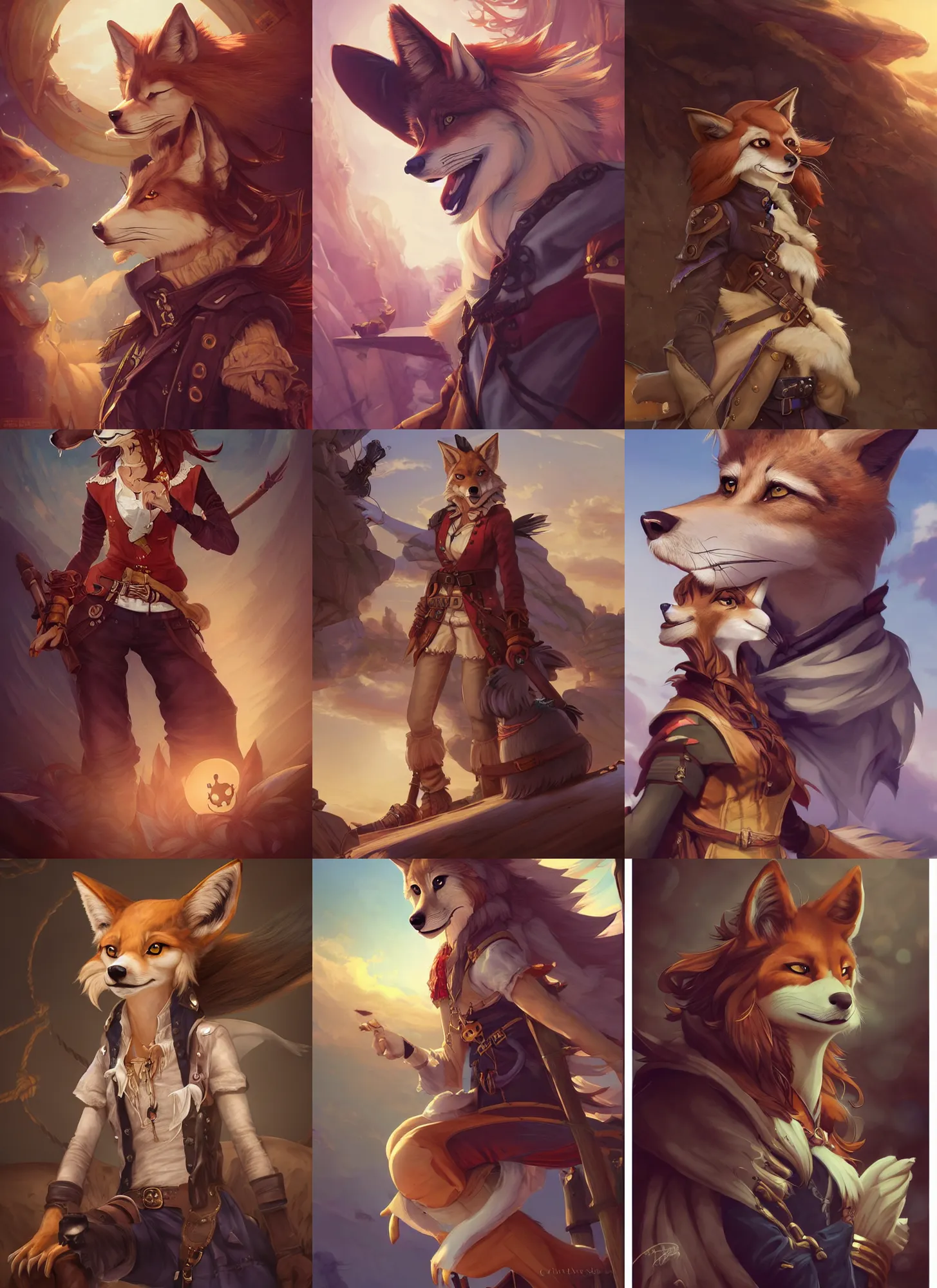 Prompt: beautiful portrait of a female anthropomorphic coyote fursona wearing pirate captain clothes on a pirate ship. character design by charlie bowater, ross tran, artgerm, and makoto shinkai, detailed, soft lighting, rendered in octane