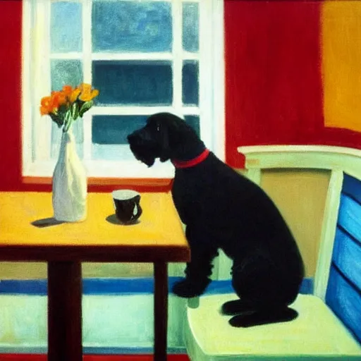 Prompt: Black Goldendoodle with a bright face and a puppy sitting at a diner drinking a cup of coffee, looking melancholy, edward hopper