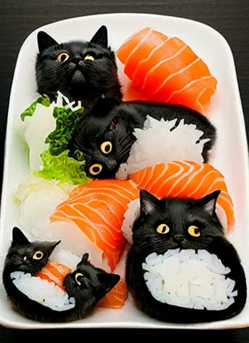 Image similar to clear photorealistic picture of adorable cats made out of sushi