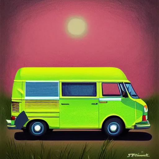 Image similar to retro painting illustration of a volswagen van, 2 d, pastel color, green, yellow, red, retro style art, trendy on artstation