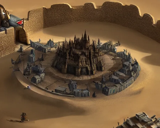 Image similar to the stongest fortress in the world stands in the middle of desert town, a lot of small details, small flags around, magic and sci - fi details, artstation trendings, epic