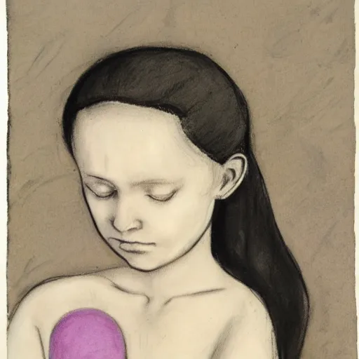 Prompt: a girl with a spider, charcoal on paper, bright pastel colors, by Pontormo