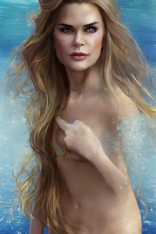 Image similar to mix of beautiful young maria shriver, mariel hemmingway, brooke shields, nicole kidman and elle macpherson as a mermaid, thin lips, hair tied up in a pony tail, darke blonde hair, colorful, artstation, cgsociety