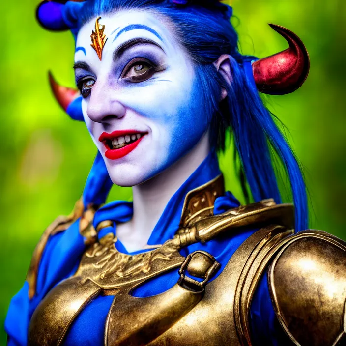 Image similar to photo of a real - life cute beautiful female jester warrior, 8 k, hdr, smooth, sharp focus, high resolution, award - winning photo