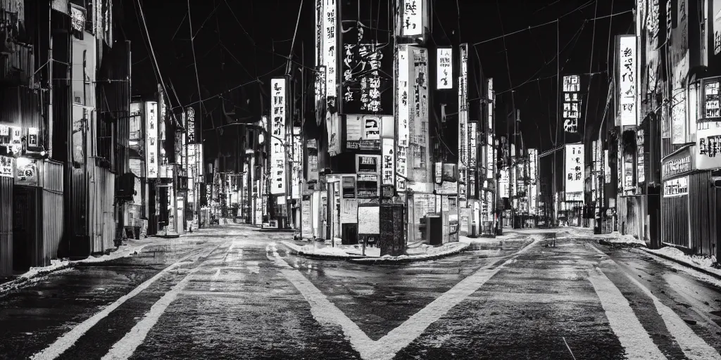 Prompt: a city street at night, snowing, photograph, cyberpunk, sharp focus, intricate detail, Desolate, drone shot, high resolution, 8k, neon streetlights, wires hanging down everywhere, Japan