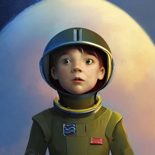 Prompt: A little boy who is now commander of his imaginary space ship wearing his cool imaginary suit, Graceful body structure,cute,Symmetrical face,highly detailed,elegant,Marc Simonetti and Caspar David Friedrich, Trending on artstation