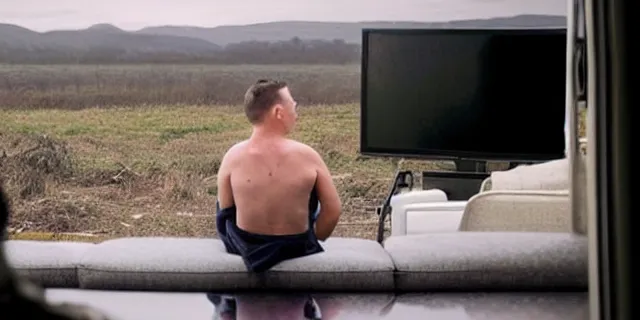 Image similar to full distant shot of bald and dirty elon musk in a tracksuit drinking beer in the couch while watching tv in a dirty trailer, very realistic photograph, cinematic lighting, by ken loach