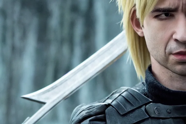 Image similar to live action film still of nathan fielder playing cloud strife in the new sci - fi movie