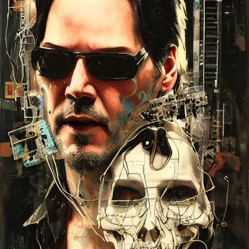 Prompt: keanu reeves as a cyberpunk noir detective, skulls, wires cybernetic implants, machine noir grimcore, in the style of adrian ghenie esao andrews jenny saville surrealism dark art by james jean takato yamamoto and by ashley wood and mike mignola