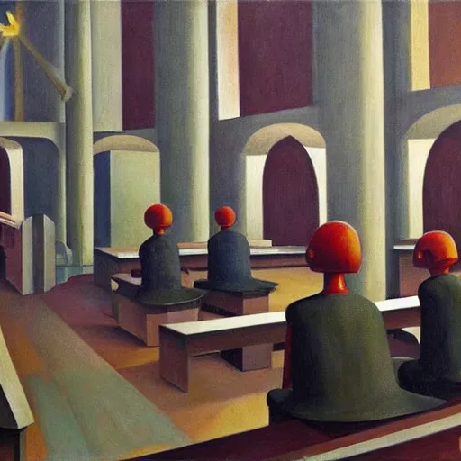 Prompt: drab human workers building robots, watched by evil fascist overlords, brutalist factory chapel, dystopian, pj crook, edward hopper, oil on canvas