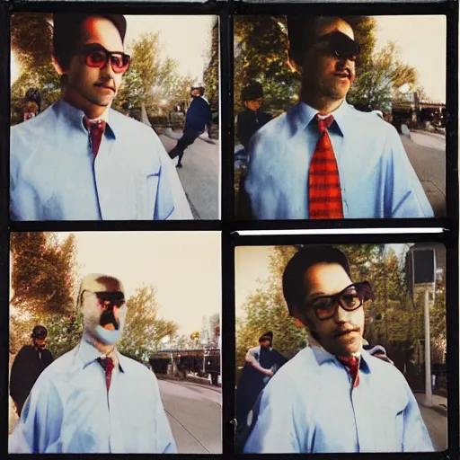 Image similar to 4 clones of emilio santiago on a streets of denver, realistic polaroid photo