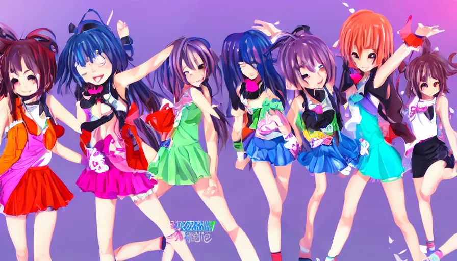 Image similar to group of cute anime characters jumping, colorful outfits, short miniskirts, lightly dressed, ultra detailed digital art, hyper real, detailed, group photo, ultra detailed, ground up angle