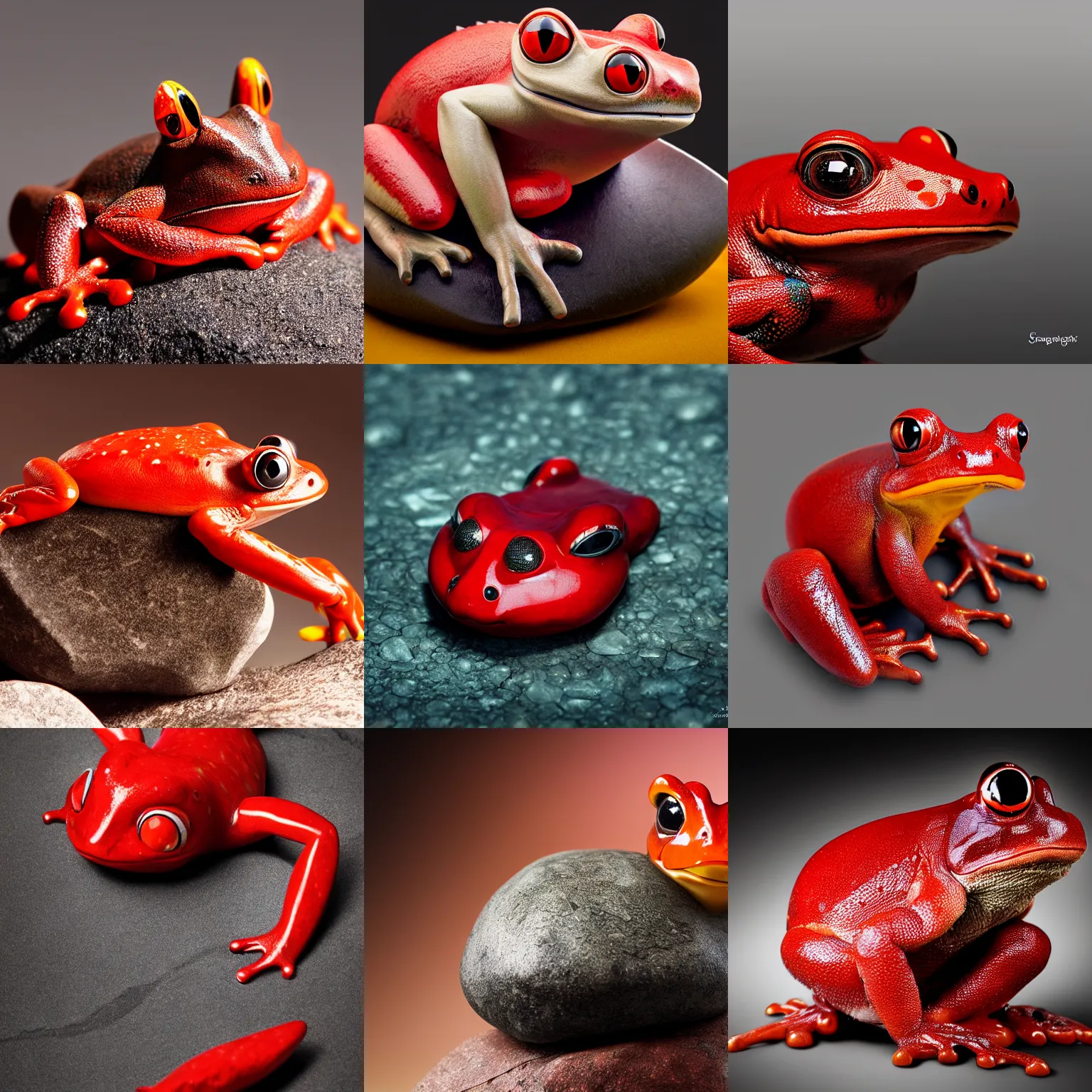 Prompt: professional studio photo of red frog stone with horn, fantasy, chimerical, national - geographic, ultra detailed, macro photography, artstation