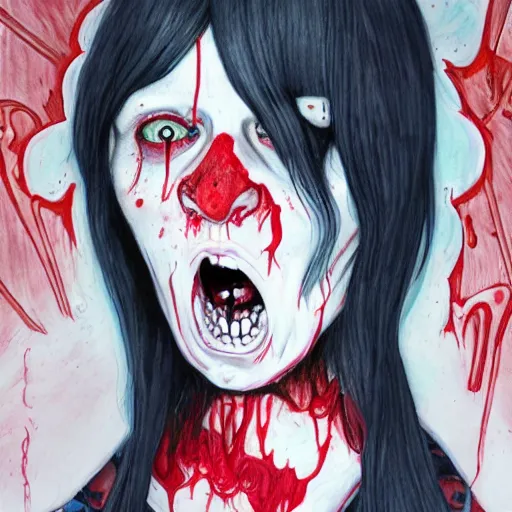 Prompt: a satanic screaming woman with bloody eyes by martine johanna and ruan jia, macabre