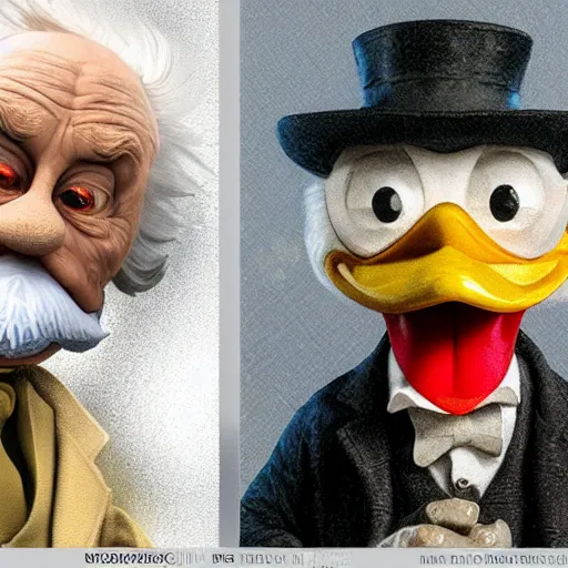 Image similar to hyperrealistic mixed media image of Scrooge McDuck !!duck face!!, stunning 3d render inspired art by István Sándorfi and Greg Rutkowski, perfect facial symmetry, realistic, highly detailed attributes and atmosphere, dim volumetric cinematic lighting, 8k octane extremely hyper-detailed render, post-processing, masterpiece,