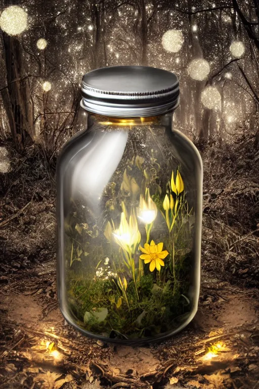 Prompt: a glass jar with a metal lid and flowers growing in earth inside, standing in a dark winter forest. bokeh, metal lid, intricate detail, highly detailed, hyperrealistic, dark lighting, moonlight, glowing jar, magic, cgsociety, sense of awe, mystical, 8 k, beautiful digital art