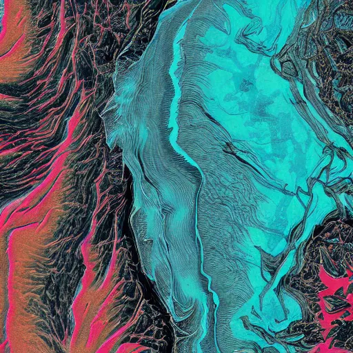 Prompt: landsat image of a river flowing in the shape of a skull, detailed, 4k, vector, contrasting colors, false colors