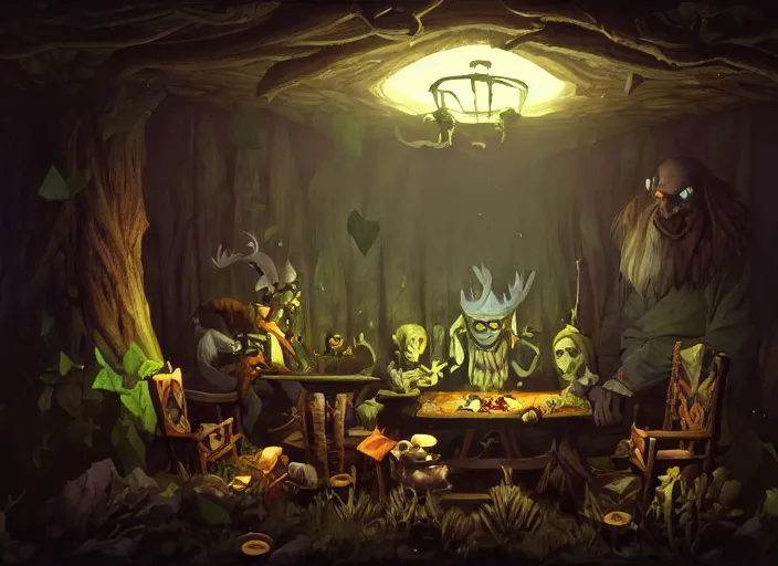 Prompt: dark cabin interior. a leshy forces you to play a card game. low lighting, dark painting by dan volbert and mandy jurgens and deiv calviz and lim chuan shin