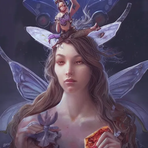 Prompt: a pizza with a fairy head topping, fantasy art, illustration, amazing detail, in the style of greg rutkowski, artgerm, cgsociety