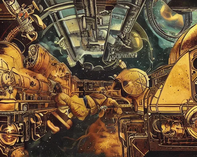 Image similar to Space with steampunk train in space, by michelangelo