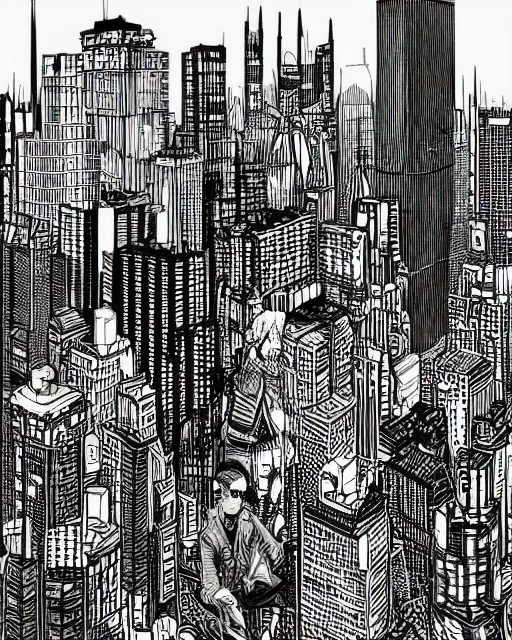 Image similar to cypherpunk fashion illustration, camera face, black and white, manga, city street background with high tall buildings, central park, abstract landscape, highly detailed, finely detailed