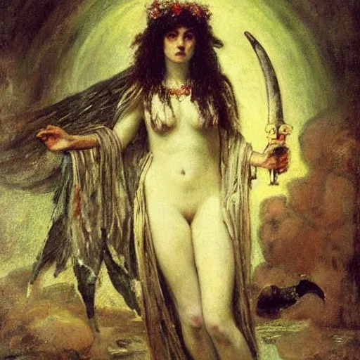 Prompt: portrait of persephone as goddess of death, action heroine by alfred stevens