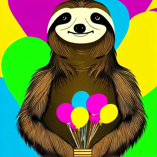 Prompt: book illustration of a sloth holding balloons, book illustration, colorful, white background, colorful image