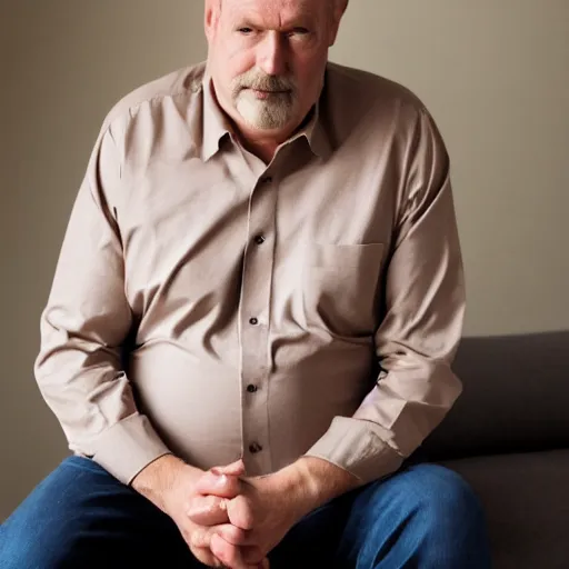 Image similar to full body photo of steve, mature male, mysterious face. he is sitting gracefully on a sofa, elegant slim beige shirt, tight shirt, big chubby belly