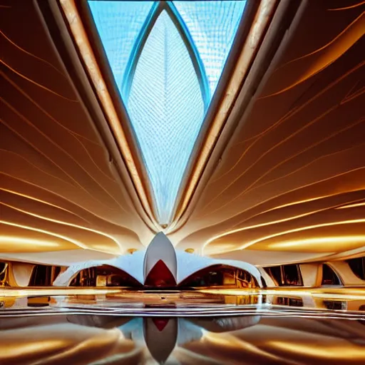 Prompt: interior of a futuristic lotus temple with gold, red and white marble panels, shafts of sunlight in the centre, in the desert, by zaha hadid, intricate contemporary architecture with art nouveau motifs, photo journalism, photography, cinematic, national geographic photoshoot