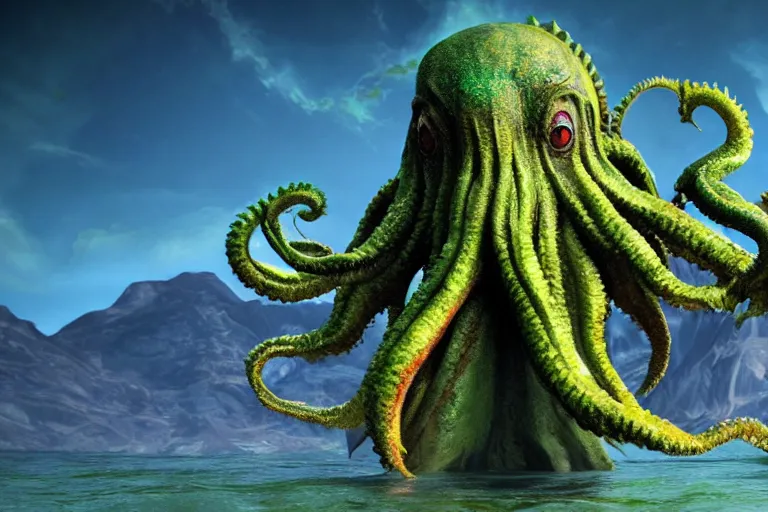 Image similar to giant Cthulhu with a parrot head, high definition, photorealistic, long shot, epic, horizon mountain over water