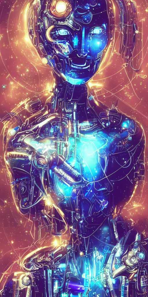 Image similar to humanoid beautiful princes machine with fulclor skin and blue eyes in a spiritual psychedelic world with super powerful and intelligent machines, cyberpunk art cosmic distopic